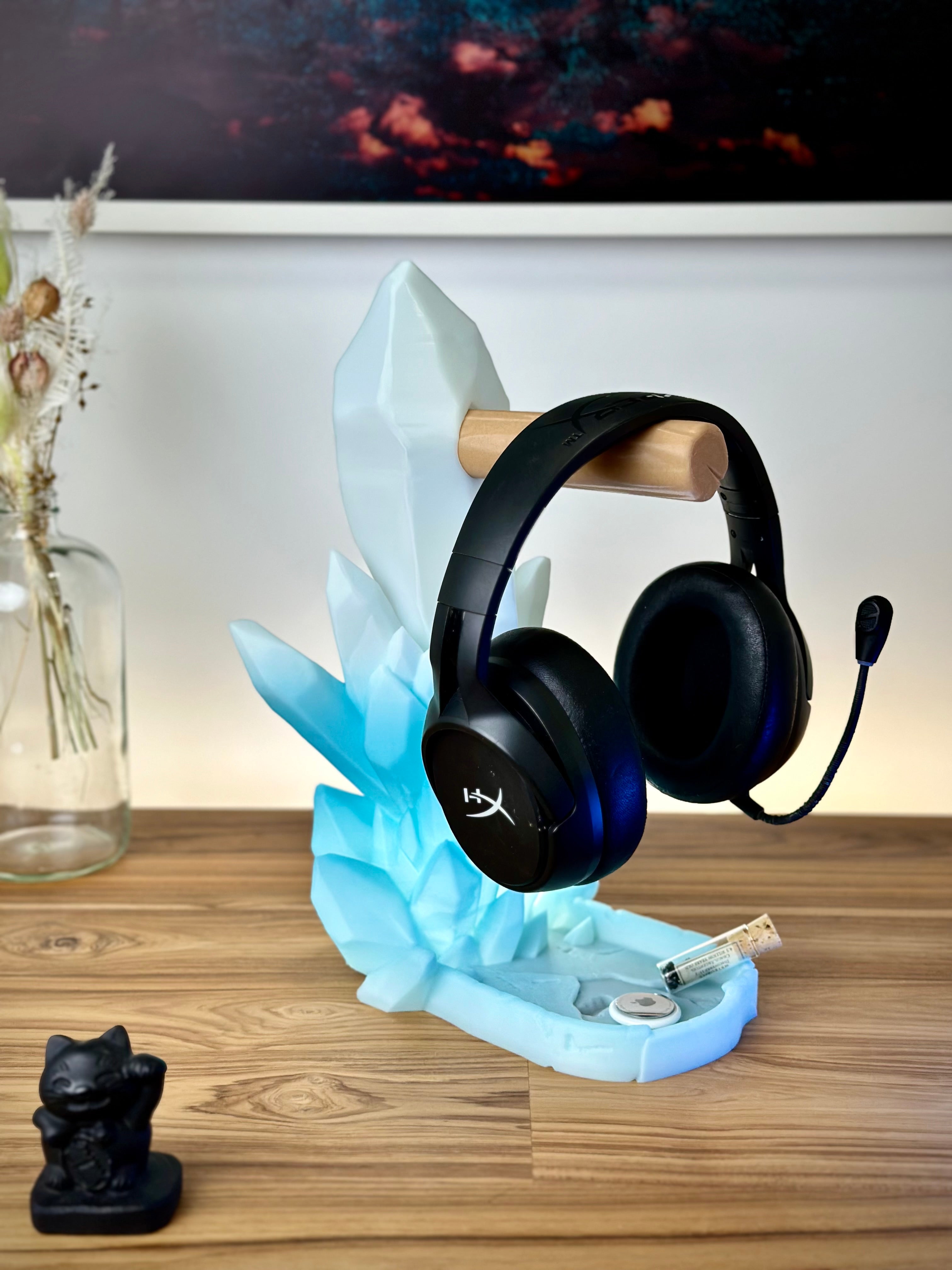 Support de Casque en Cristal avec Plateau de Rangement