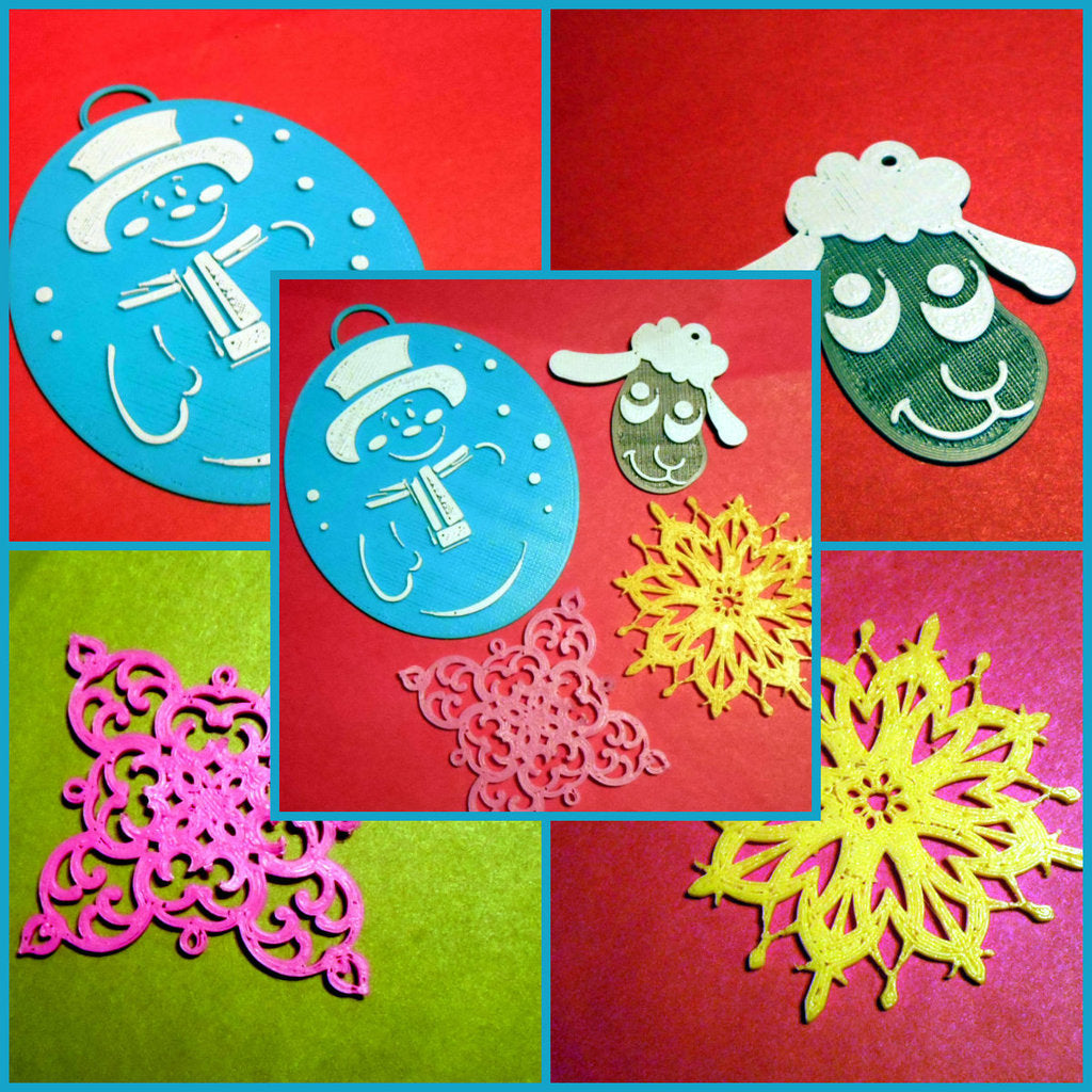 Décorations de Noël : jouets bonhomme de neige et agneau, flocons de neige jaunes et roses